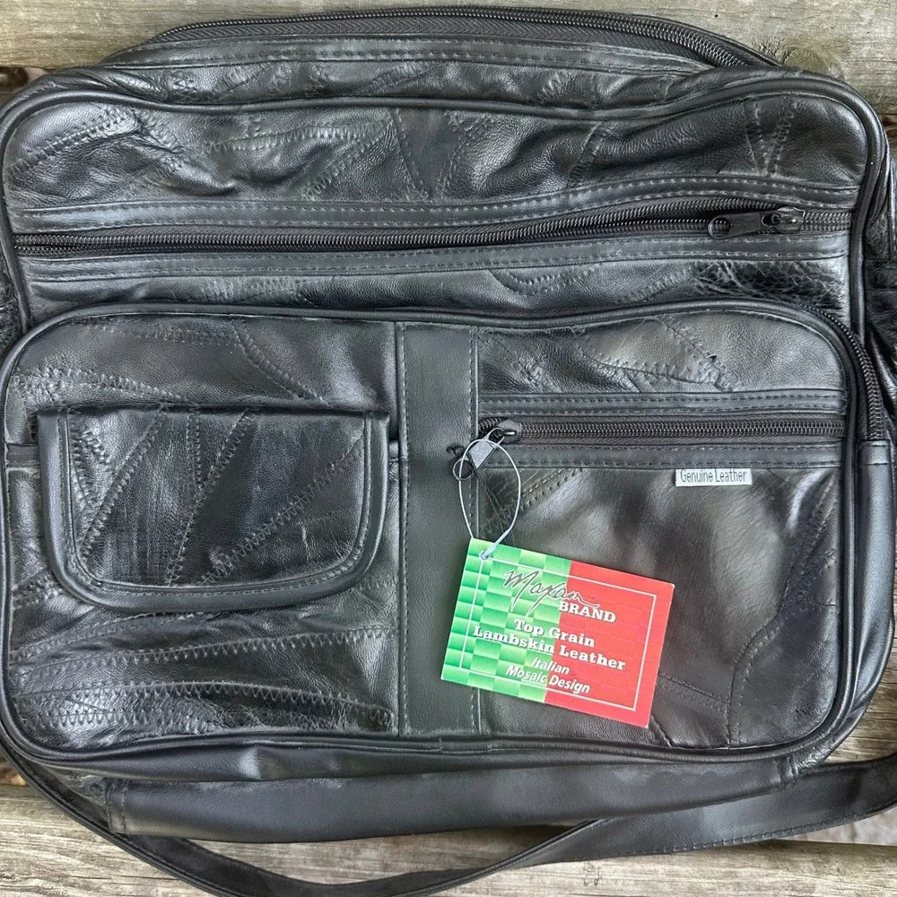 Maxam Black Lambskin Leather Mosaic Messenger Bag Briefcase New With Tags